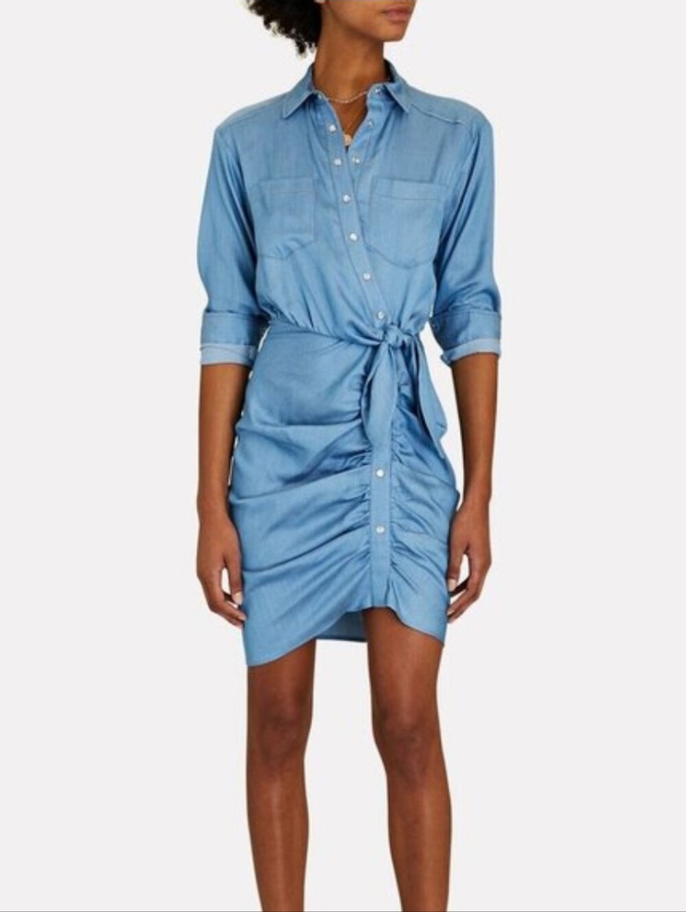 Veronica Beard Sierra Ruched Chambray Mini Tie Shirt Dress Blue Button Up Size 2